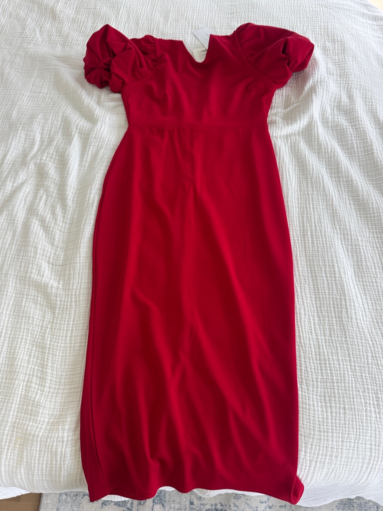 Sculpted Puff-Sleeve Red Midi Dress